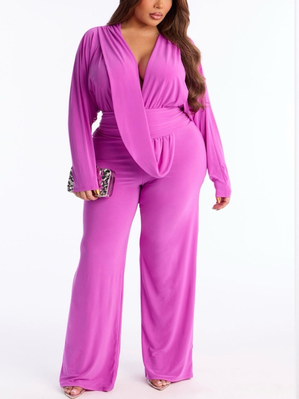 Fashion Nova Magenta Wrap-Front Wide-Leg Jumpsuit